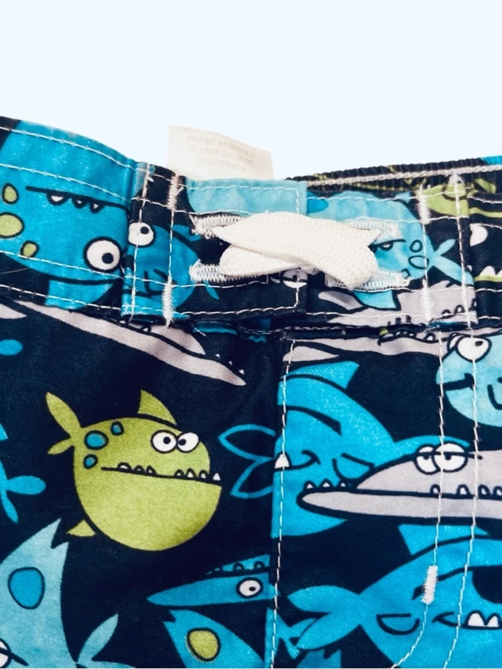 Boys Small Blue Shark Print Swim Trunks polyester lining pull-on elastic waist